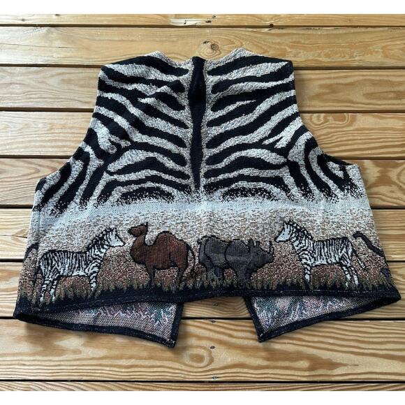 Vintage It’s In The Bag Button Front Vest Size 2 Unge Potch Key Jungle Zebra - Picture 2 of 5